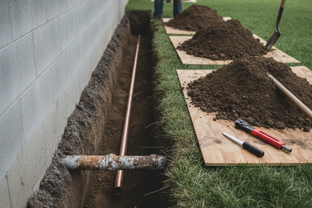 Excavated water line trench during Sewer Line Repair in Lucama